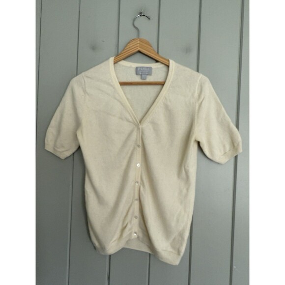 Pure Collection 100% Cashmere Cardigan Sweater 4 Short Sleeve Ivory Gathered - Picture 1 of 4